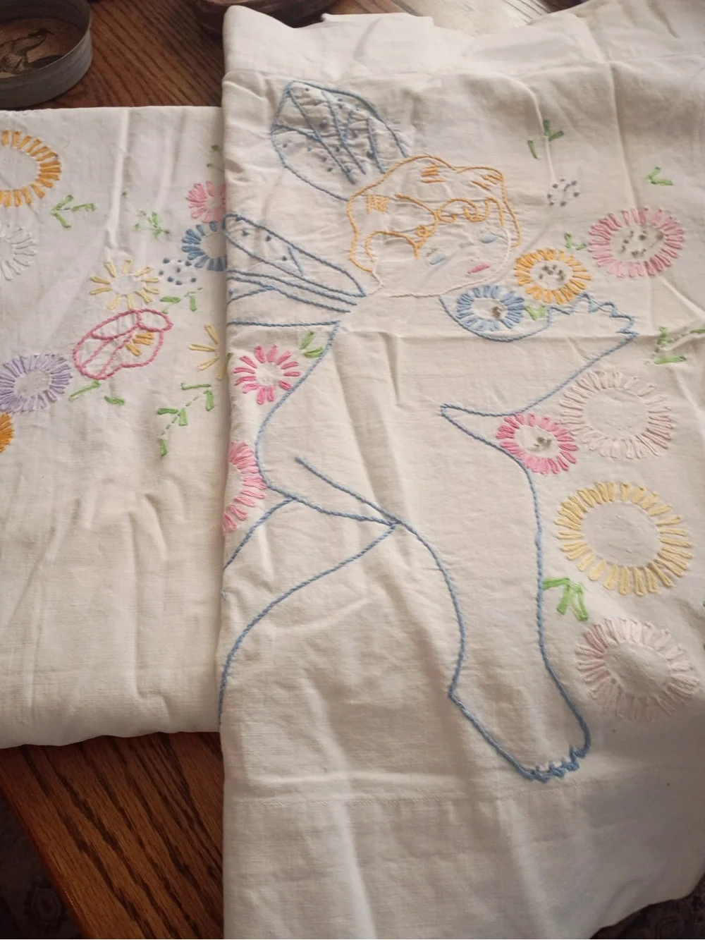 Hand-Embroidered Cherub Floral  full-size bed, cover and pillowcase